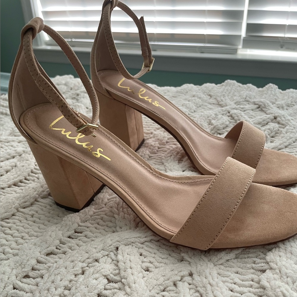Lulu's Tan Block Heel Strappy Heels
